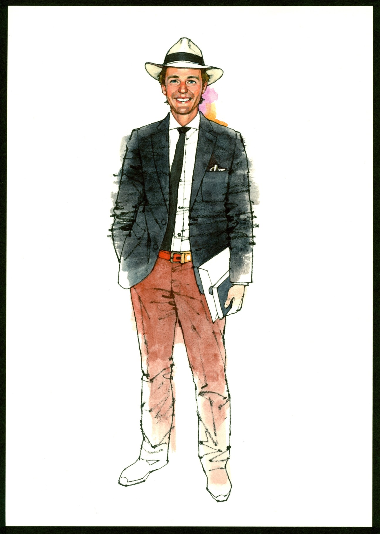 Illustration of Alexander Gilkes wearing a straw hat, grey blazer, white shirt, coral trousers and holding a document.