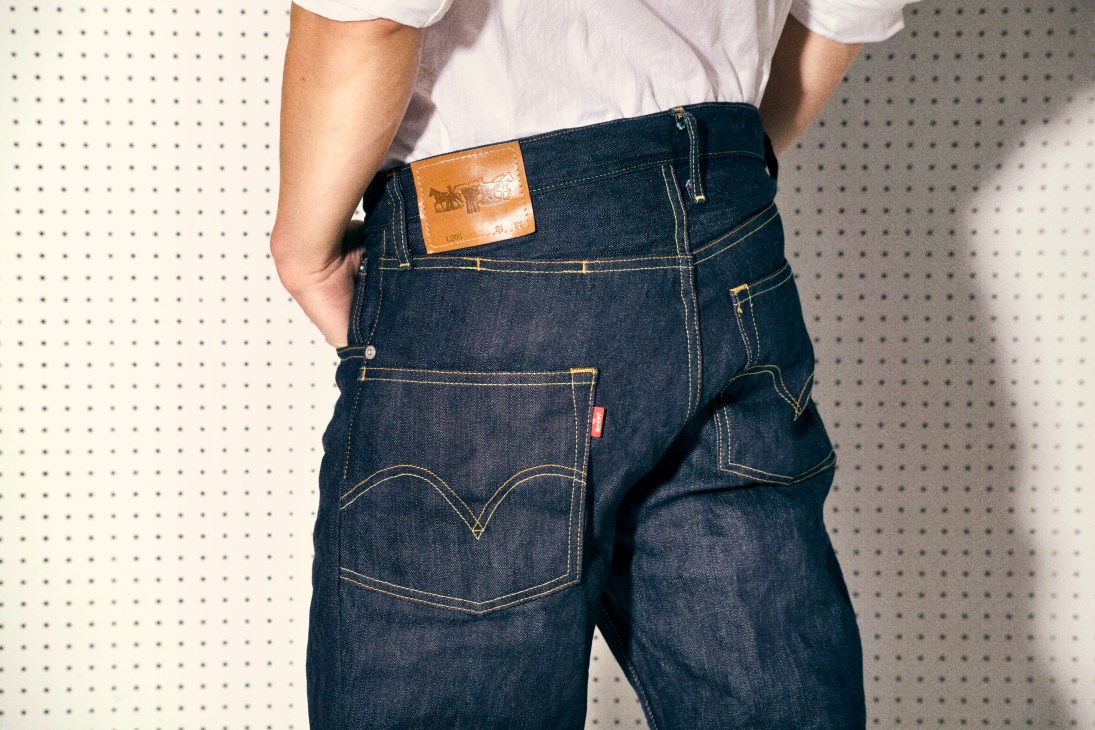Levi's Lefty Jean with red label moved to left side, worn with white shirt.