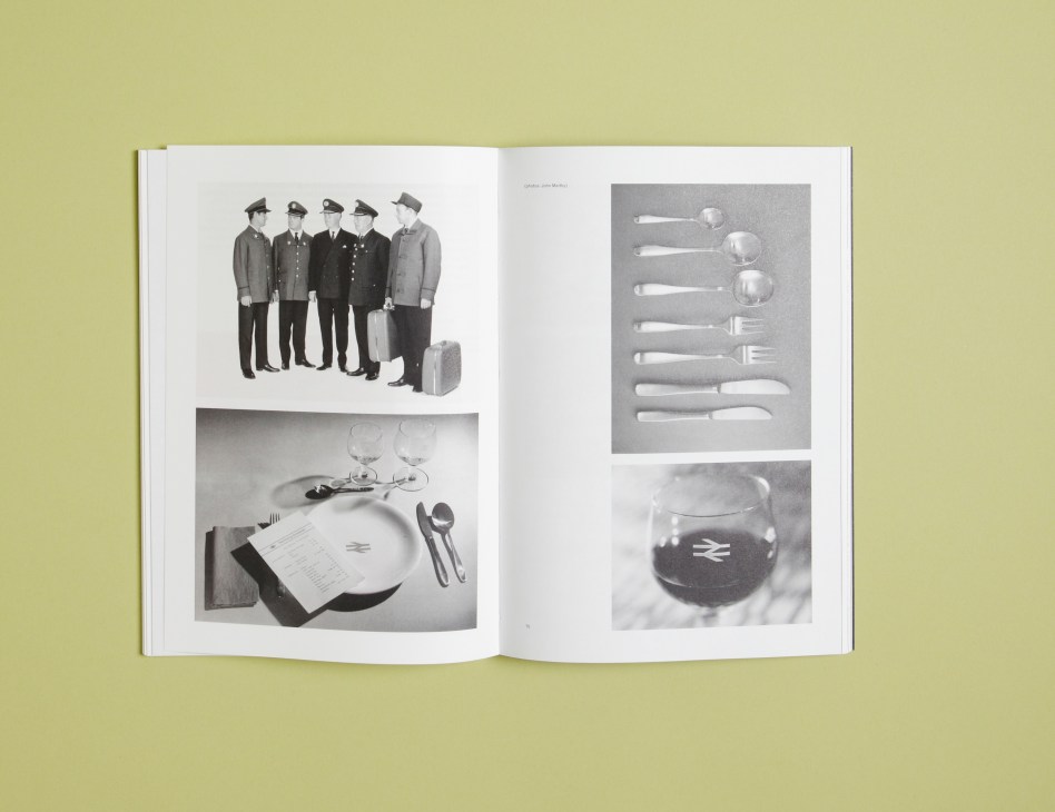 Open design book showing vintage black and white photographs of airline crew uniforms and cutlery flatware designs.