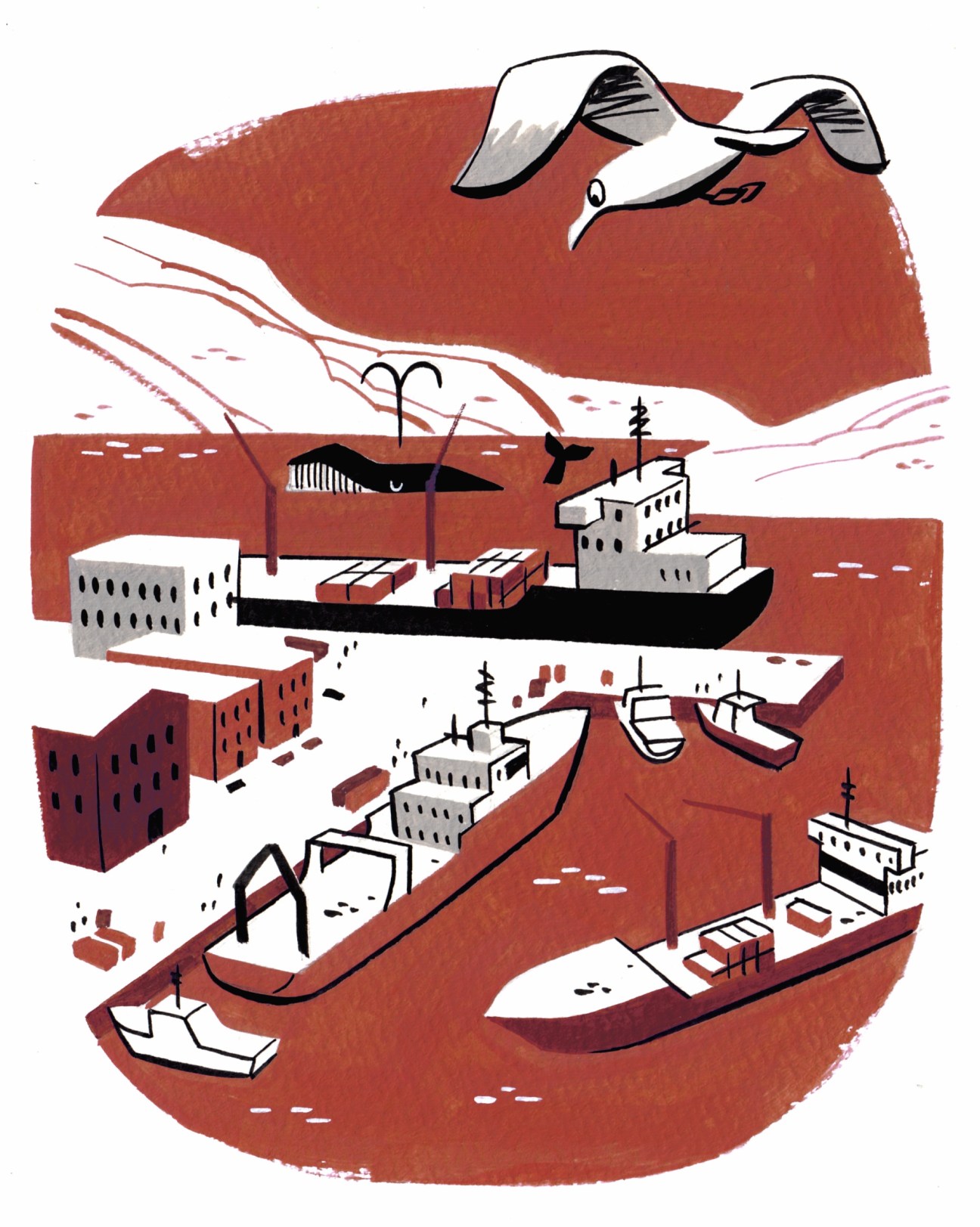 Illustration of a Greenland shipping port with cargo ships, buildings, and arctic landscape in red and white tones.