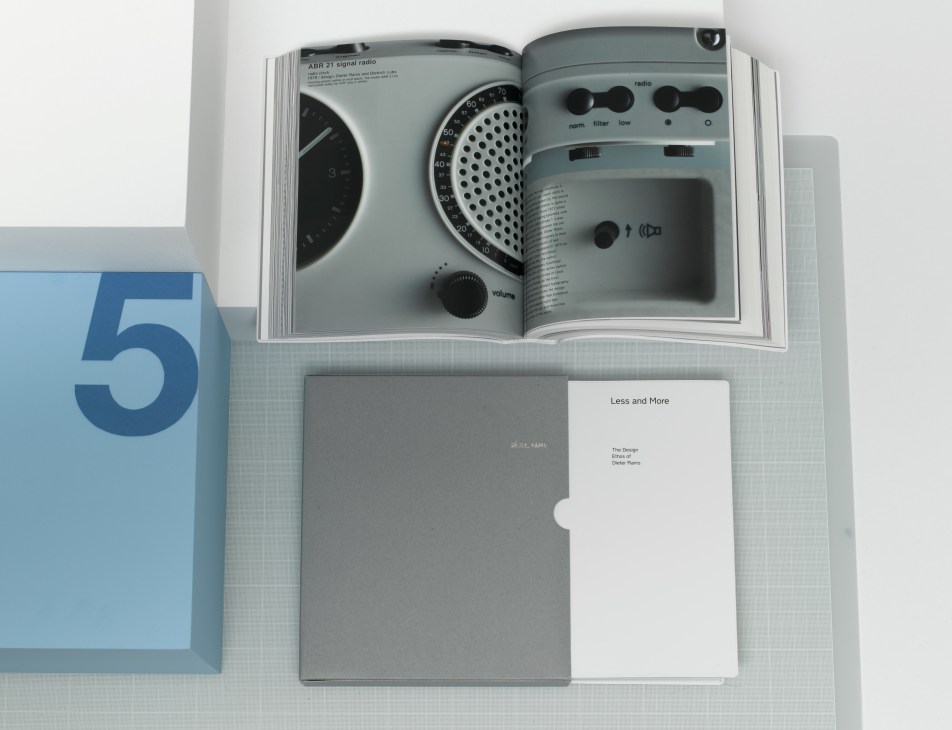 Gestalten's 'Less and More' book about Dieter Rams displayed with an open page showing vintage Braun radio designs.