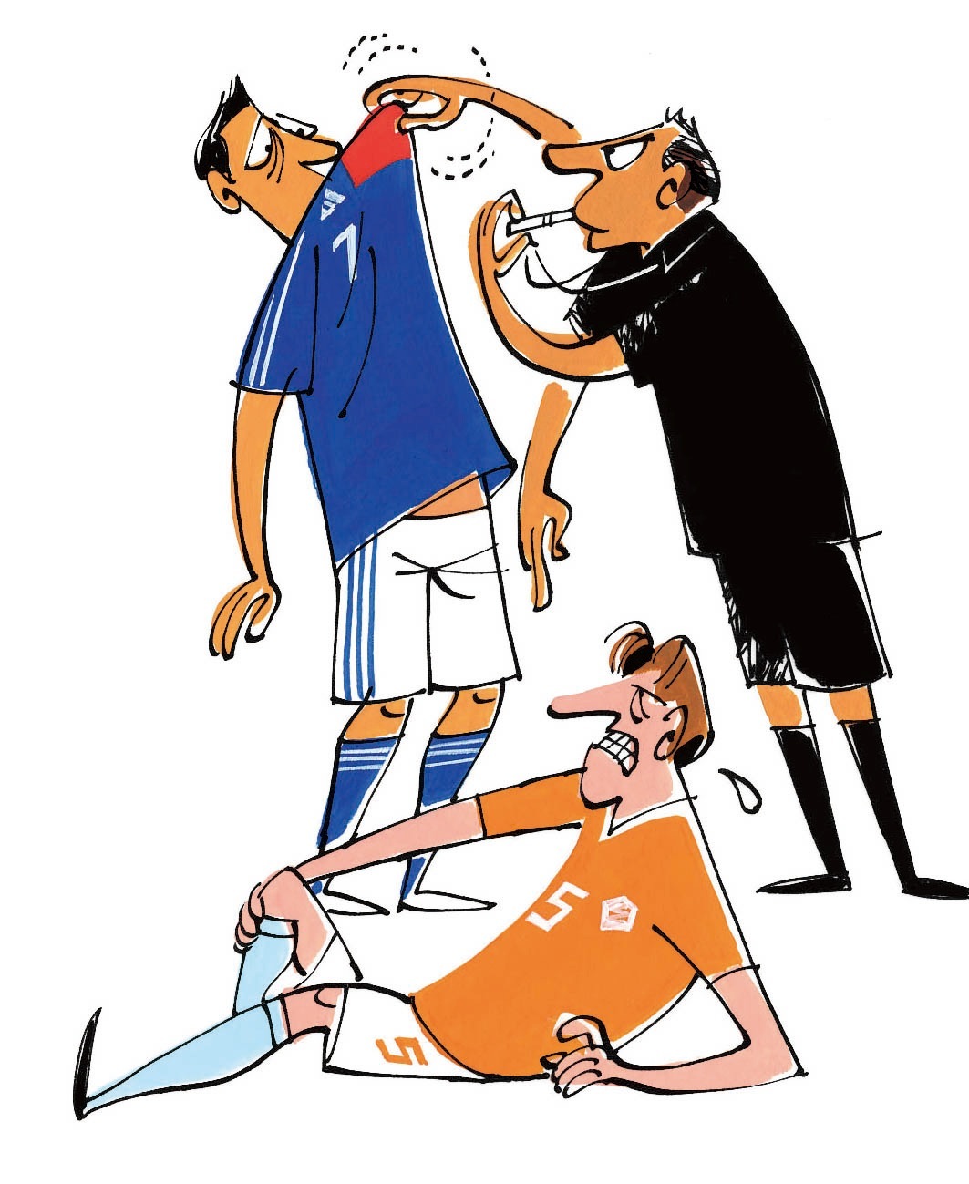 Illustration of football players and referee showing a red card during a match dispute.