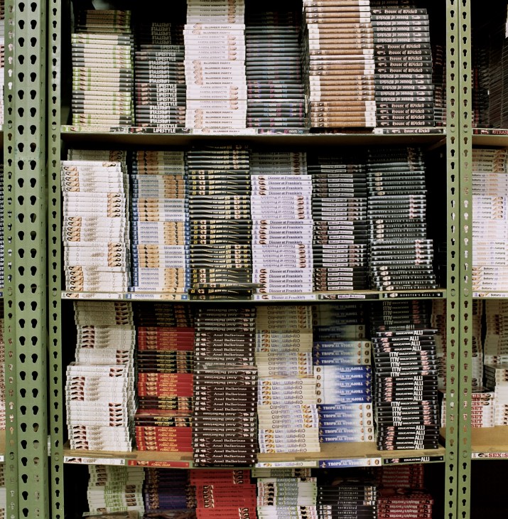 Multiple shelves displaying stacked DVD cases with various film titles organized by color and genre.