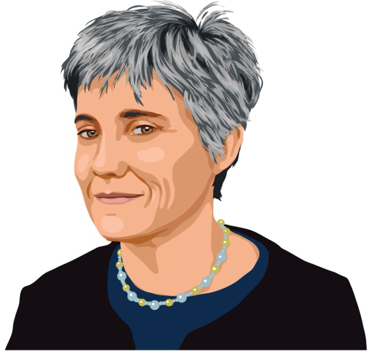 Illustrated portrait of Robin Chase, co-founder and CEO of Zipcar, wearing a beaded necklace.