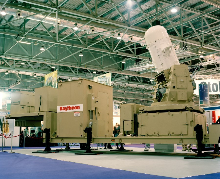 Raytheon's Centurion radar-guided 20mm Gatling gun system displayed at DSEi arms fair.