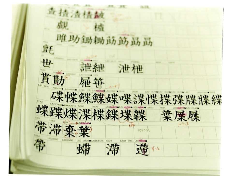 Close-up of a printed sheet showing Japanese kanji characters with handwritten annotations and red markings for font editing.