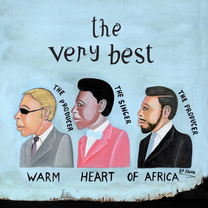 Album art for The Very Best's 'Warm Heart of Africa' showing three illustrated male figures in business attire.