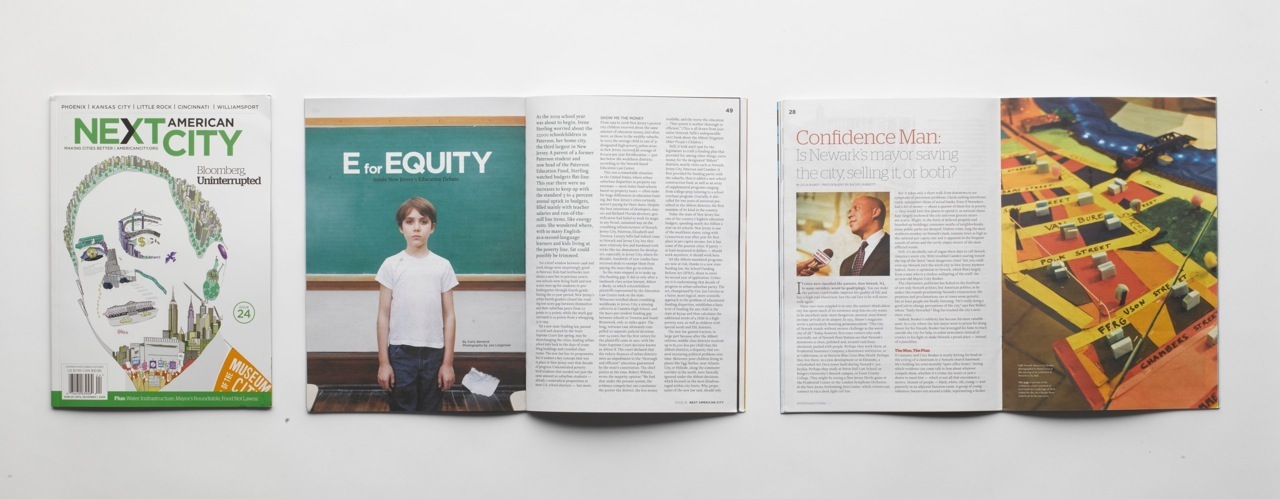 Next American City magazine issues displayed showing cover and interior spreads with urban planning content.
