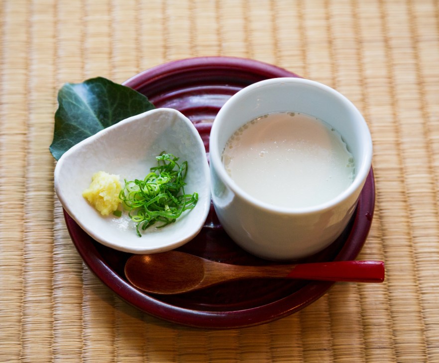 Homemade tofu served in a white bowl with grated daikon radish and green onions on a red lacquered tray.