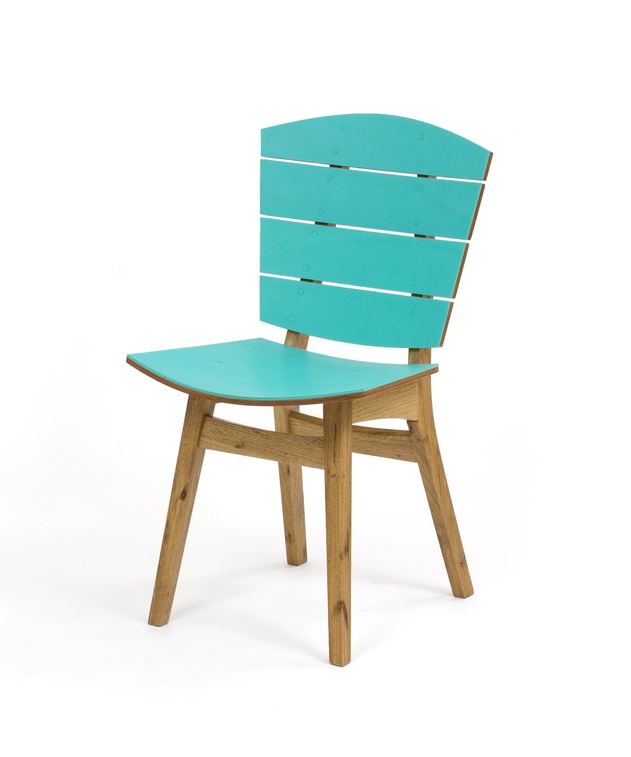 Turquoise chair with wooden legs and white stripe details on the backrest.