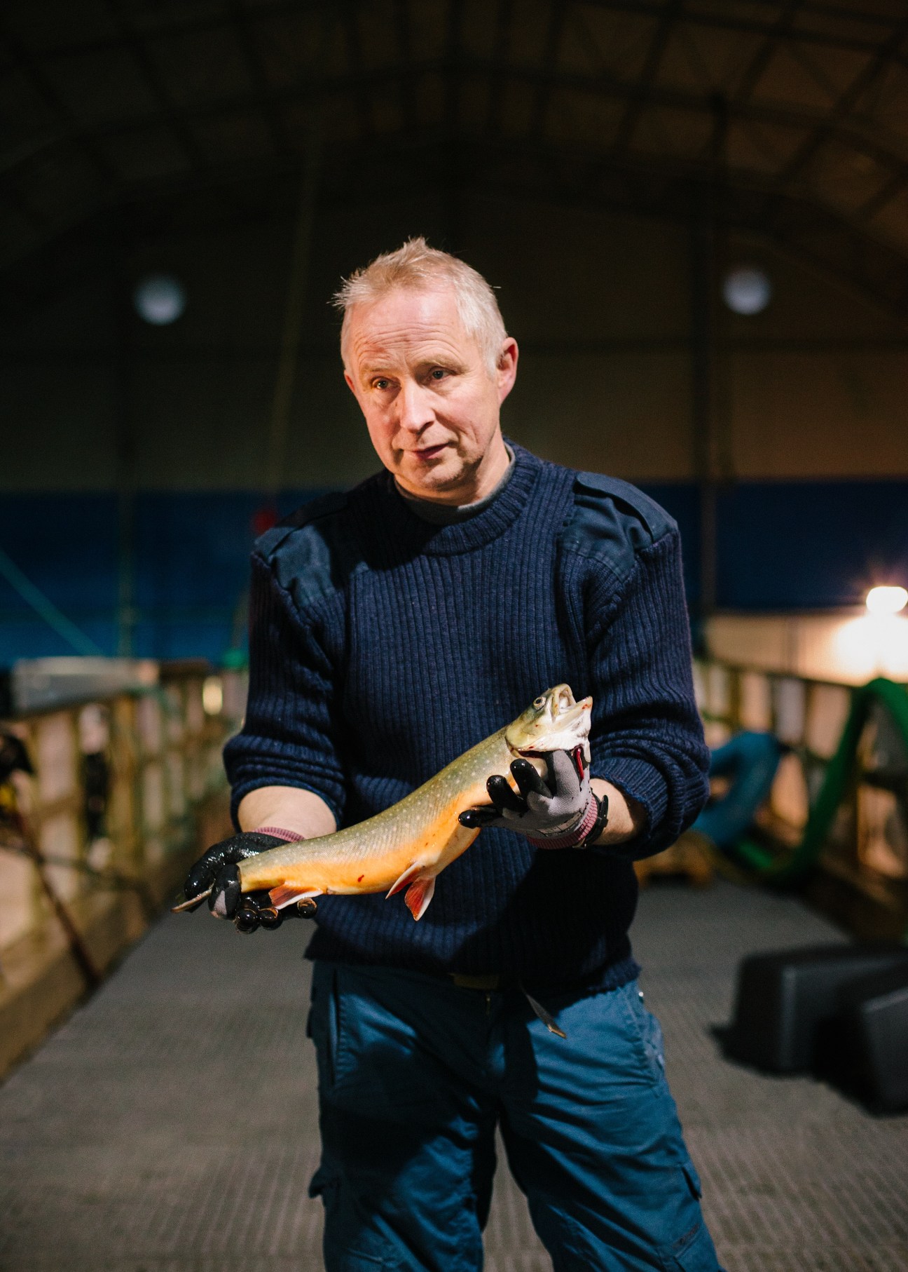 Oddbjørn Jerijærvi holds an Arctic char fish at Kirkenes Charr fish farm.