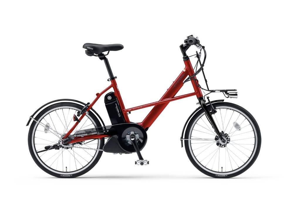 Yamaha City-X electric bicycle with red frame, 20-inch tyres and compact lithium-ion battery