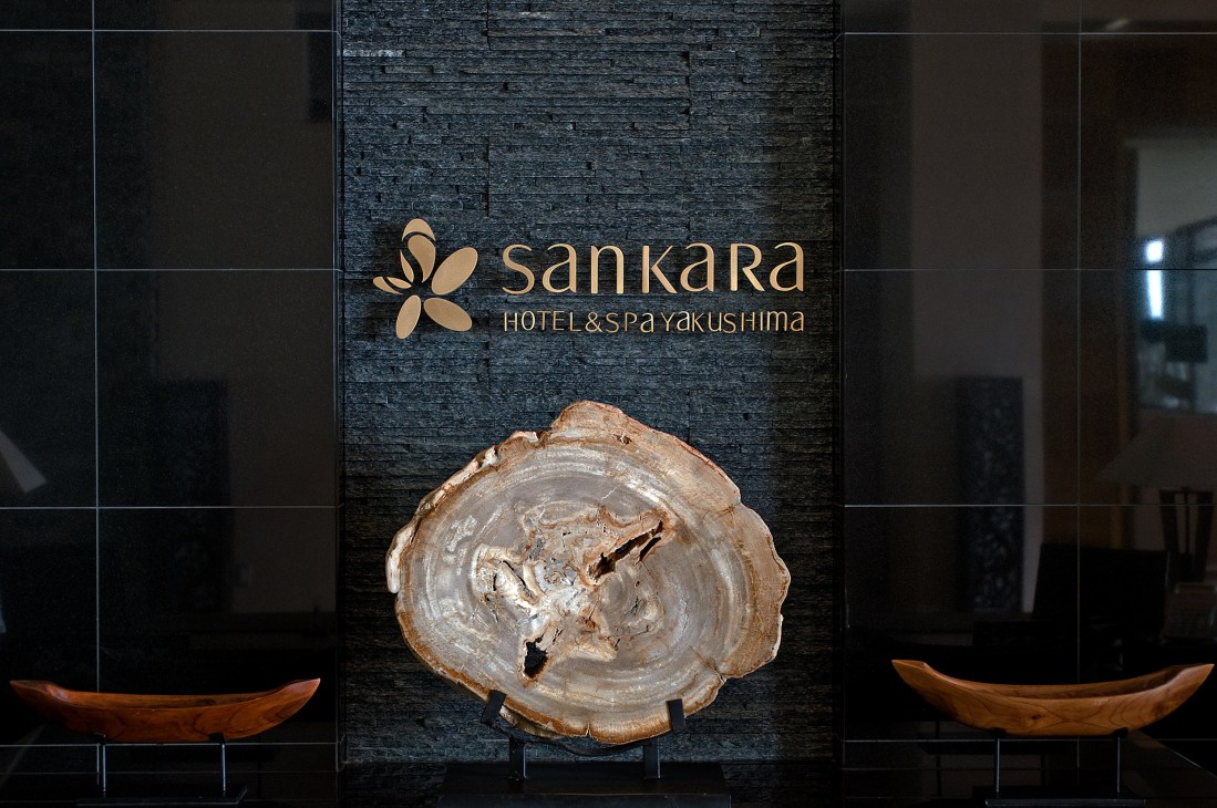 Sankara Hotel & Spa Yakushima logo and yakisugi wood cross-section on dark textured wall