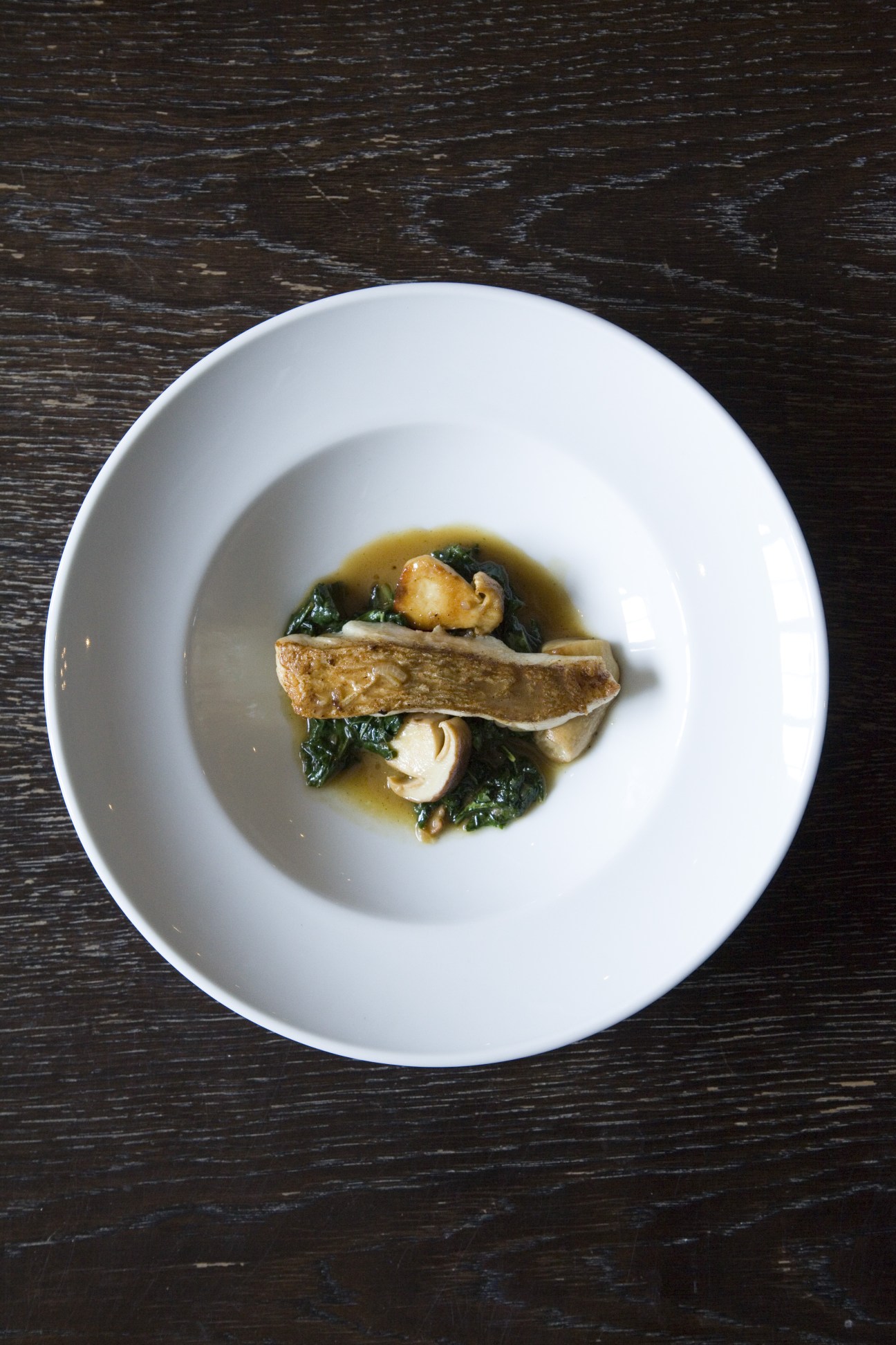 Sea bream with cabbage and mushrooms plated on white dish with broth