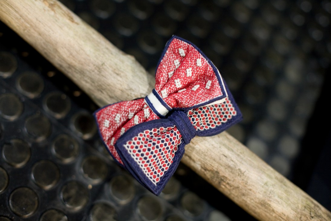 Red and navy Jupe bowtie with polka dot and geometric pattern details on a wooden rail.