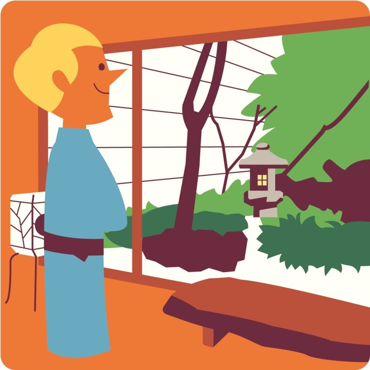 Illustration of a figure with yellow hair looking out a window at a garden with trees and a lantern.