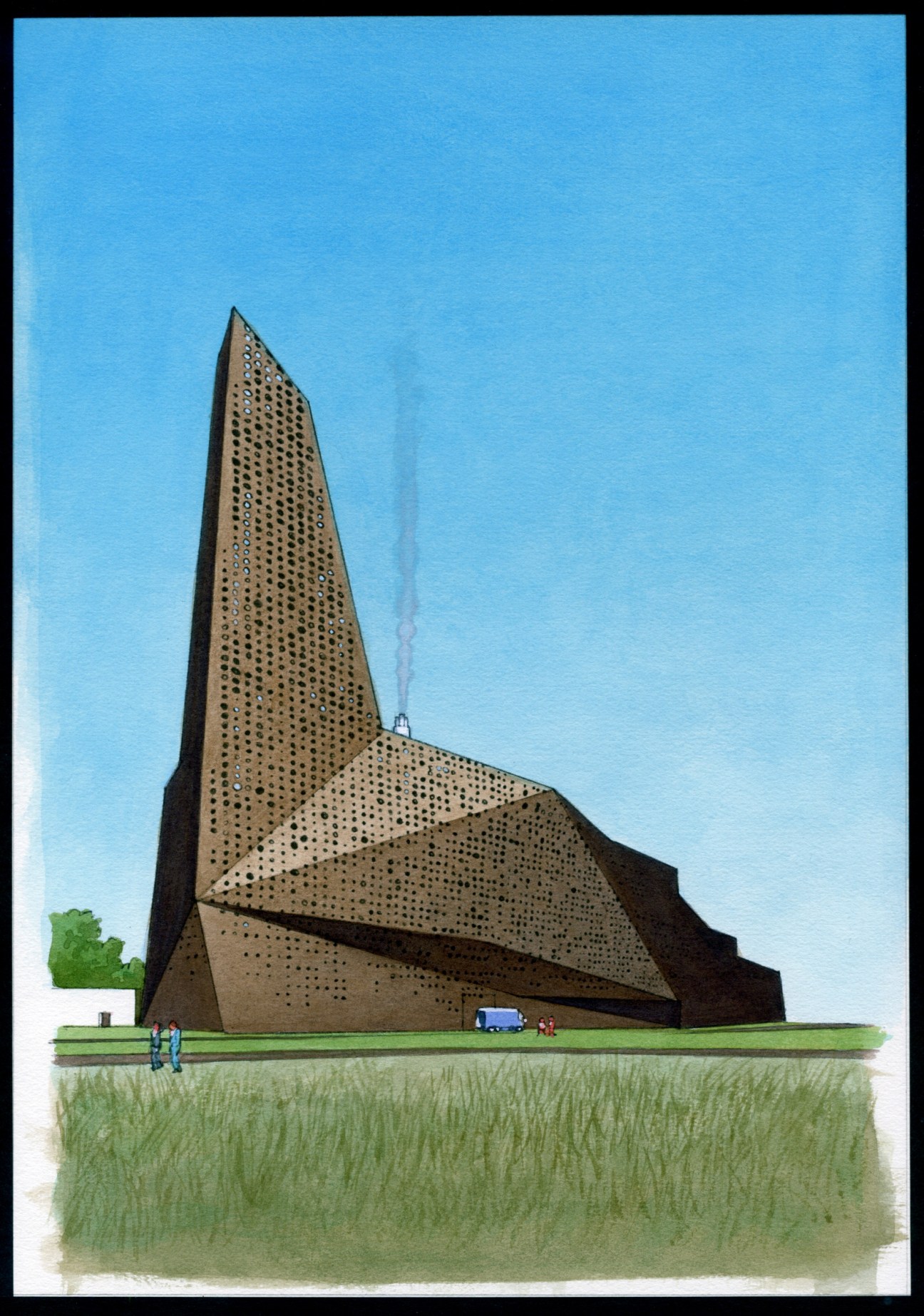 Illustration of Fisht Olympic Stadium in Sochi, a tall angular structure with perforated brown facade and sloped base.