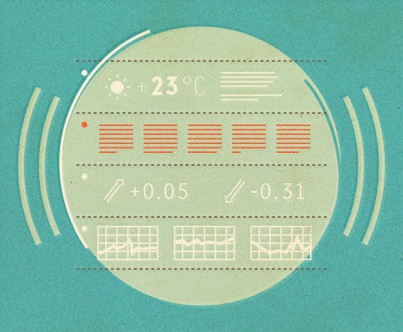 Illustration of a circular interface with weather data, news headlines, and radio wave symbols on a turquoise background.