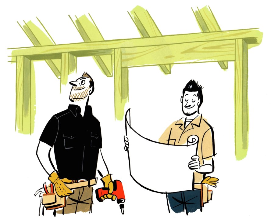 Illustration of two men under a pergola discussing construction plans, one holding a blueprint.
