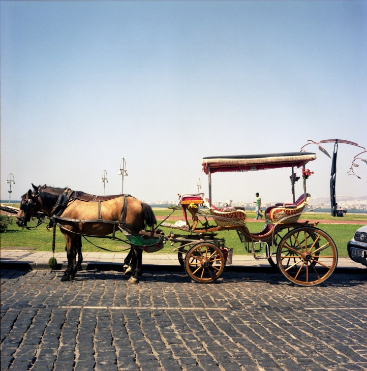 Horse-drawn carriage with decorative red and gold trim parked on a waterfront promenade in Izmir.