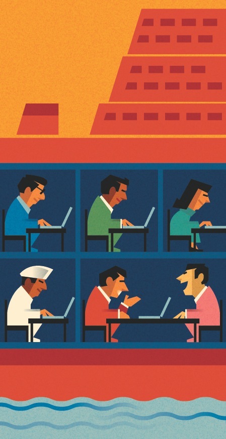 Illustration of office workers in a multi-story building with an ocean at the base.