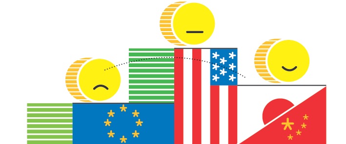Illustration of stacked coins and flags representing wealth distribution between Europe, USA, and Asia.