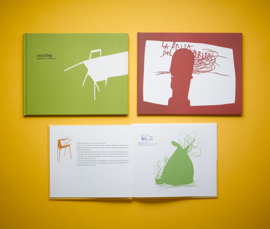 Children's illustrated books displayed on yellow background showing minimalist line drawings and colorful covers.