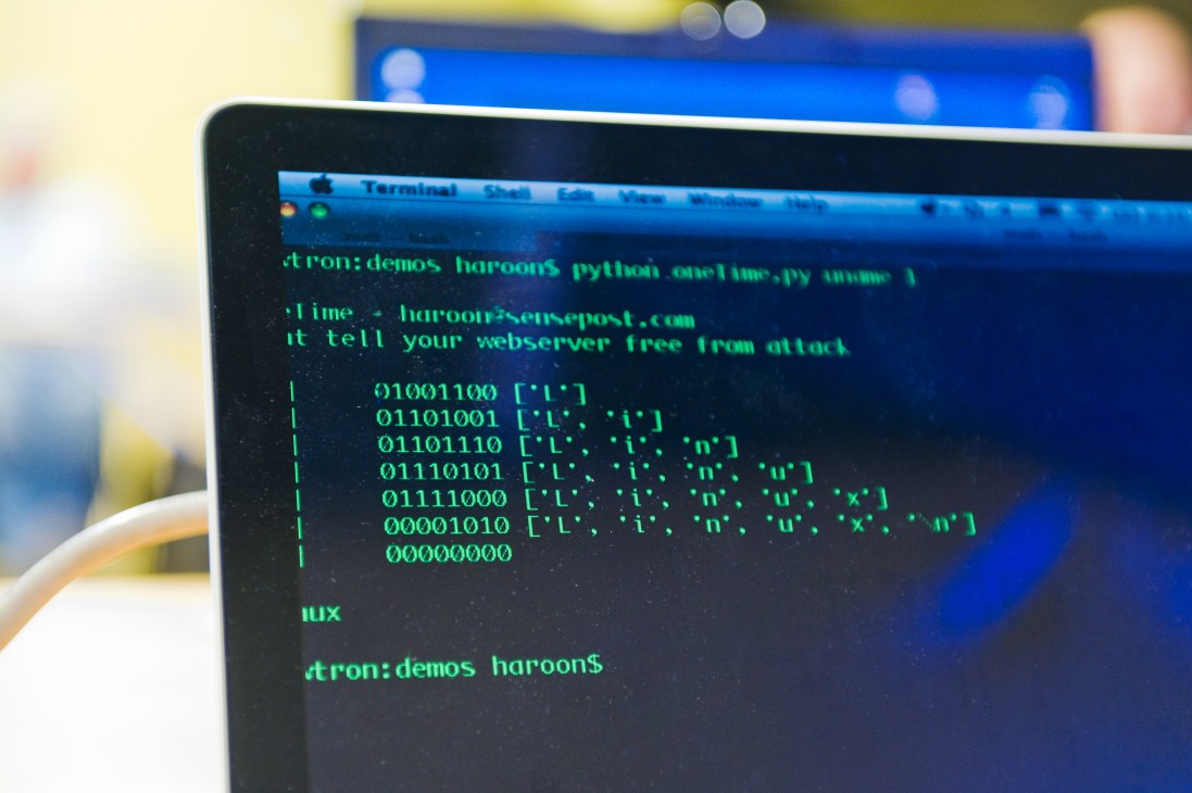 Terminal window displaying binary code and command line interface on a computer screen.