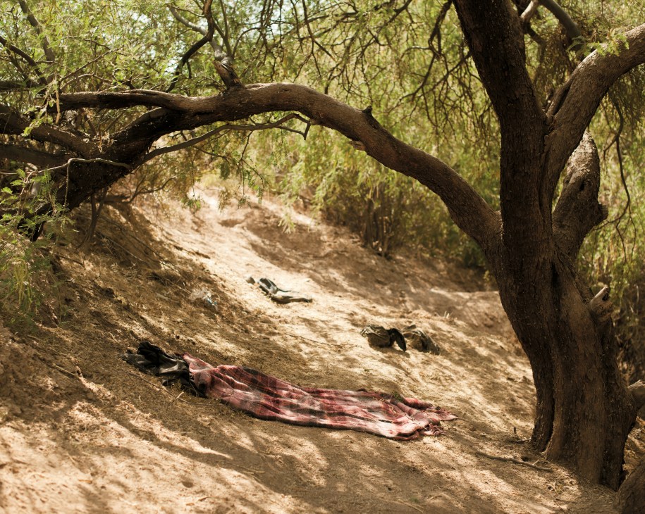 An abandoned red sleeping mat lies on dusty ground beneath gnarled tree branches in Arizona desert.