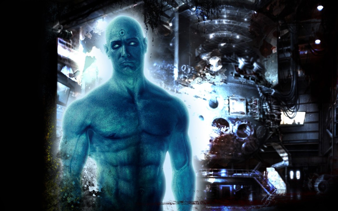 A glowing cyan humanoid figure in a futuristic digital environment from Tron: Legacy.