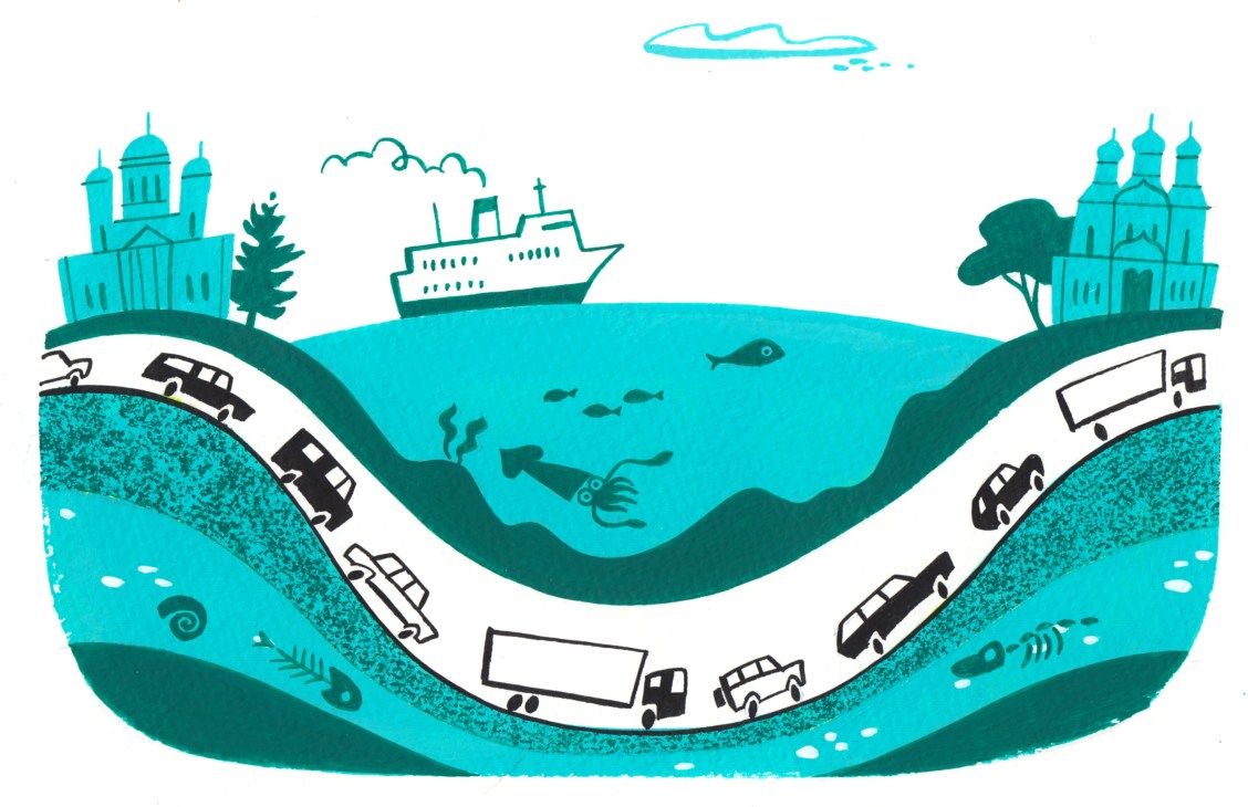 Illustration of a tunnel connecting two cities across water, with vehicles and a ship above.