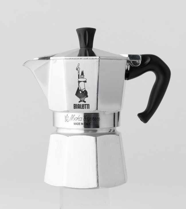 Bialetti Moka Express stovetop coffee maker with silver body and black handle.