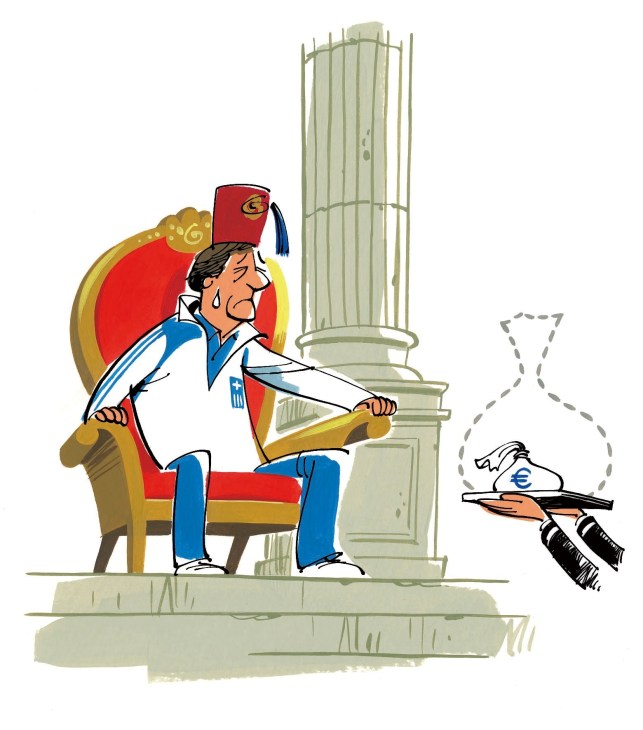 Cartoon illustration of a man in Greek royal attire sitting in an ornate chair, depicting Greece's football coach Otto Rehhagel.