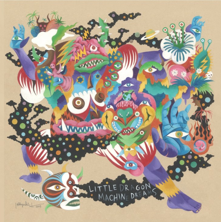 Colorful illustration of Little Dragon's Machine Dreams album artwork featuring vibrant abstract creatures and patterns.