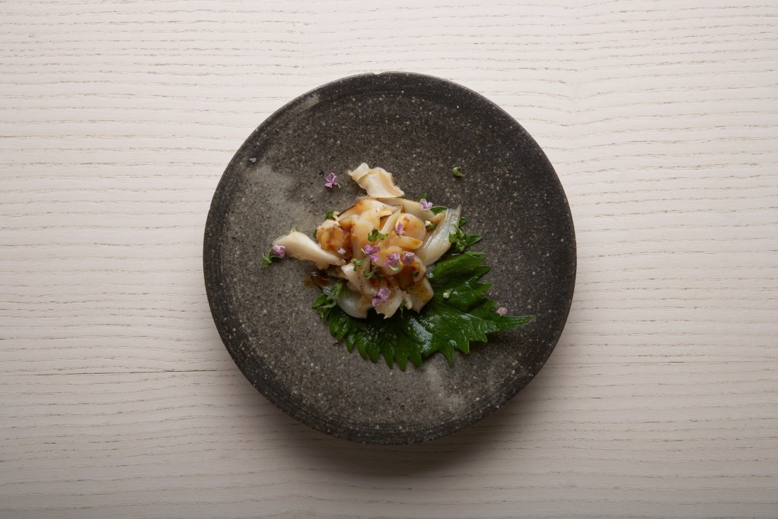Seared razor clam with wasabi and soya dressing on a dark stone plate with purple flowers and green herbs.