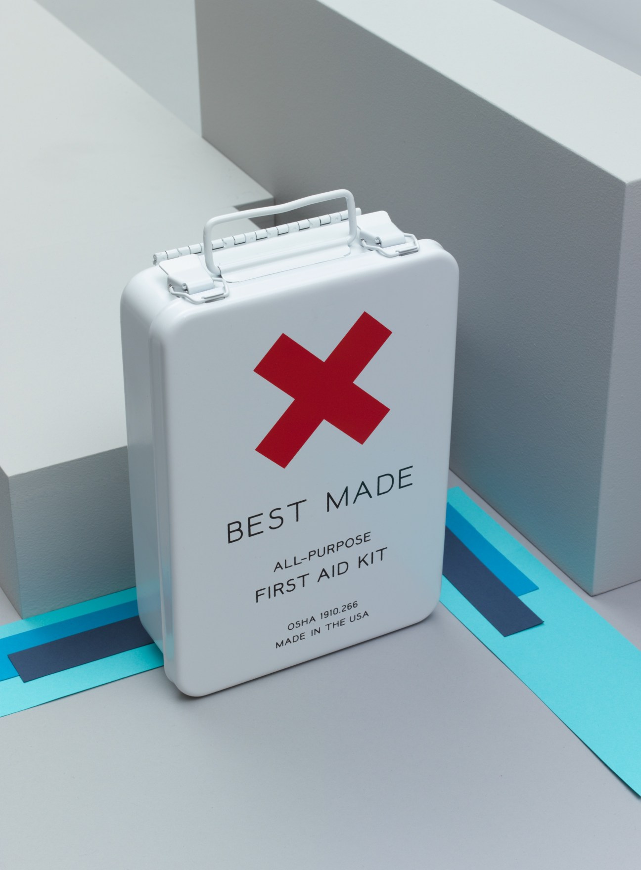 Best Made all-purpose first aid kit with white case, red cross logo and metal handle.