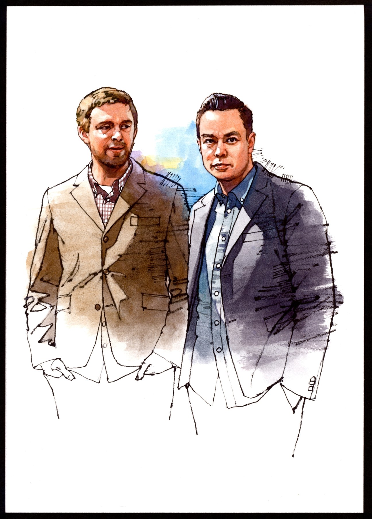 Watercolor illustration of two men in business casual attire, identified as Alexander Dahlberg and Andreas Fryklund, Swedish bookshop owners.