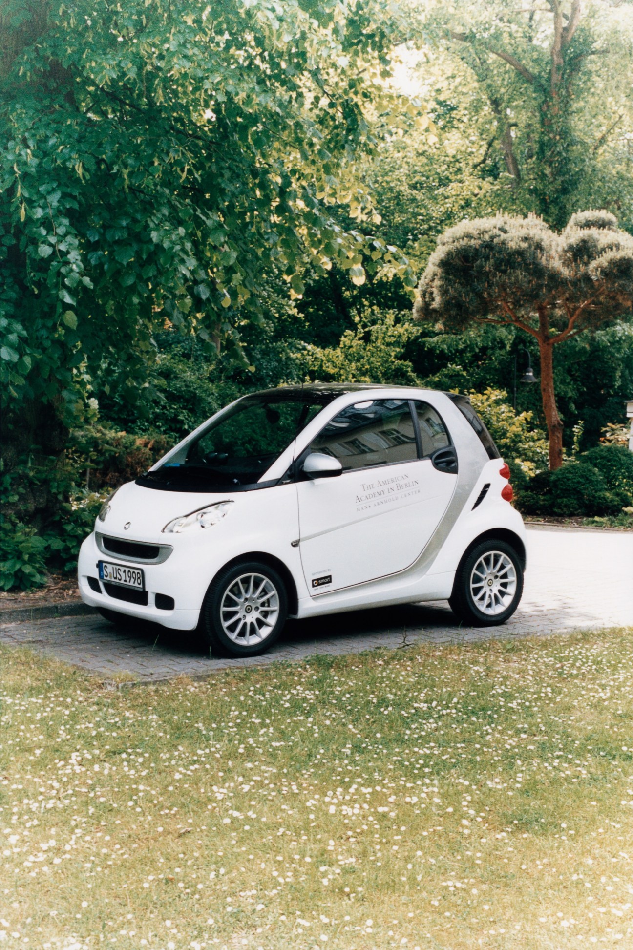 White Smart car parked on gravel driveway surrounded by lush green trees and shrubs.