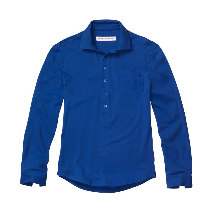 Orlebar Brown blue long-sleeve shirt with collar and chest pocket against white background.