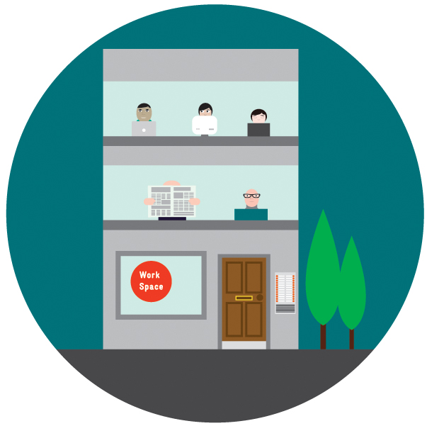 Illustration of a modern office building with workers at different levels and a 'Work Space' sign, surrounded by green trees.