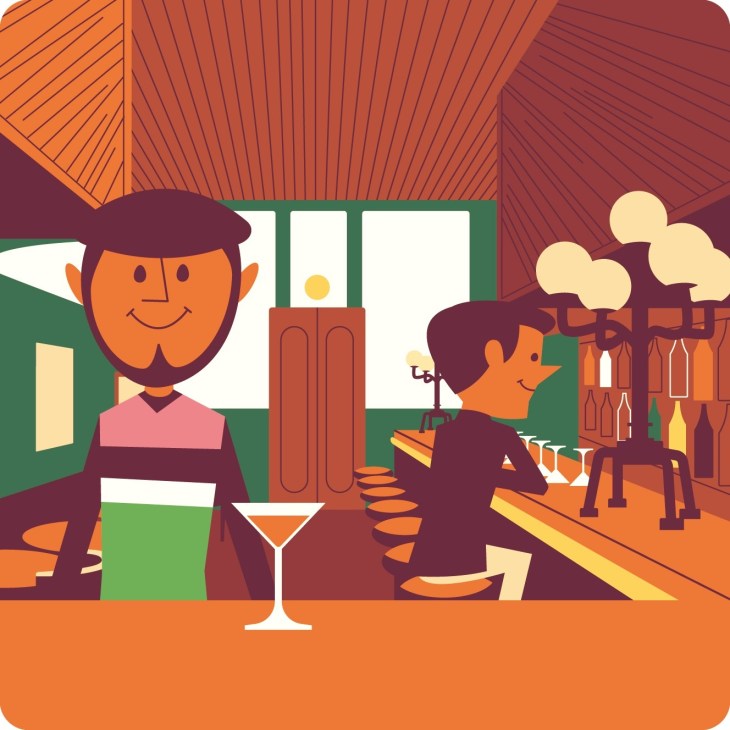 Illustration of two people enjoying drinks at an interior bar with warm orange and burgundy tones.