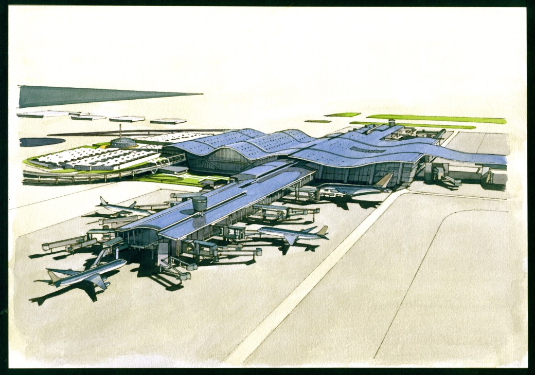 Architectural rendering of The New Doha International Airport with wavy blue roof and aircraft positioned around terminal.
