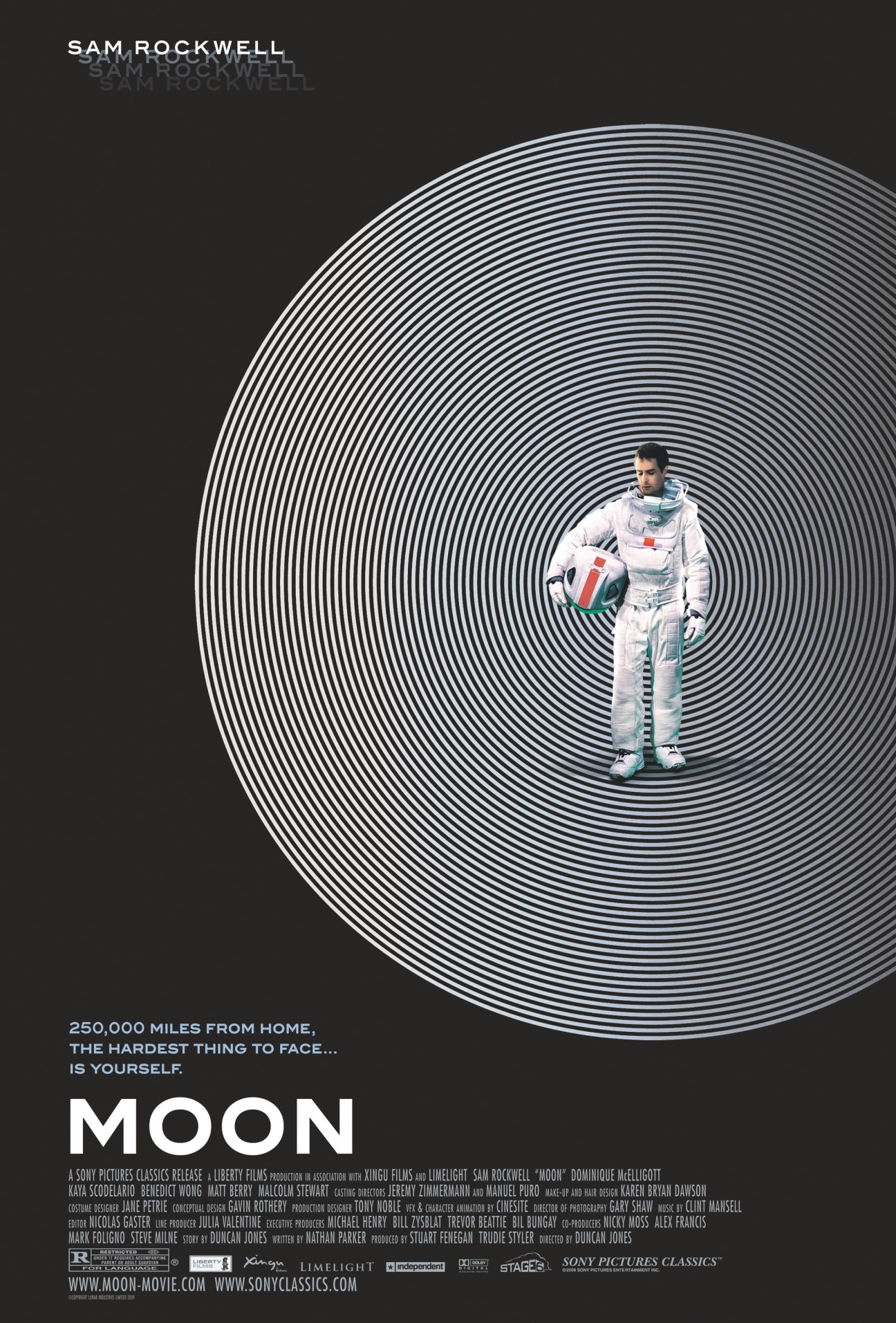 Movie poster for Duncan Jones' Moon featuring astronaut Sam Rockwell in white spacesuit against concentric circles.