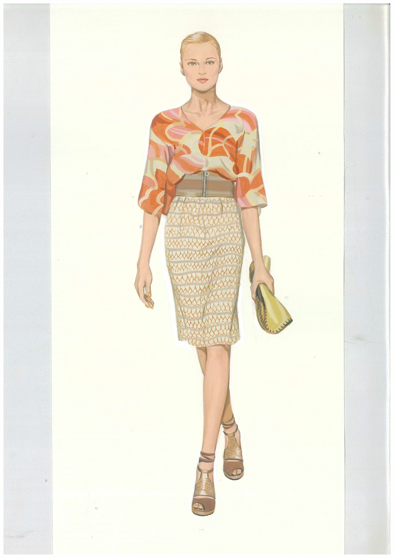 Fashion illustration of a woman wearing Avio clothing with patterned orange blouse and textured skirt.