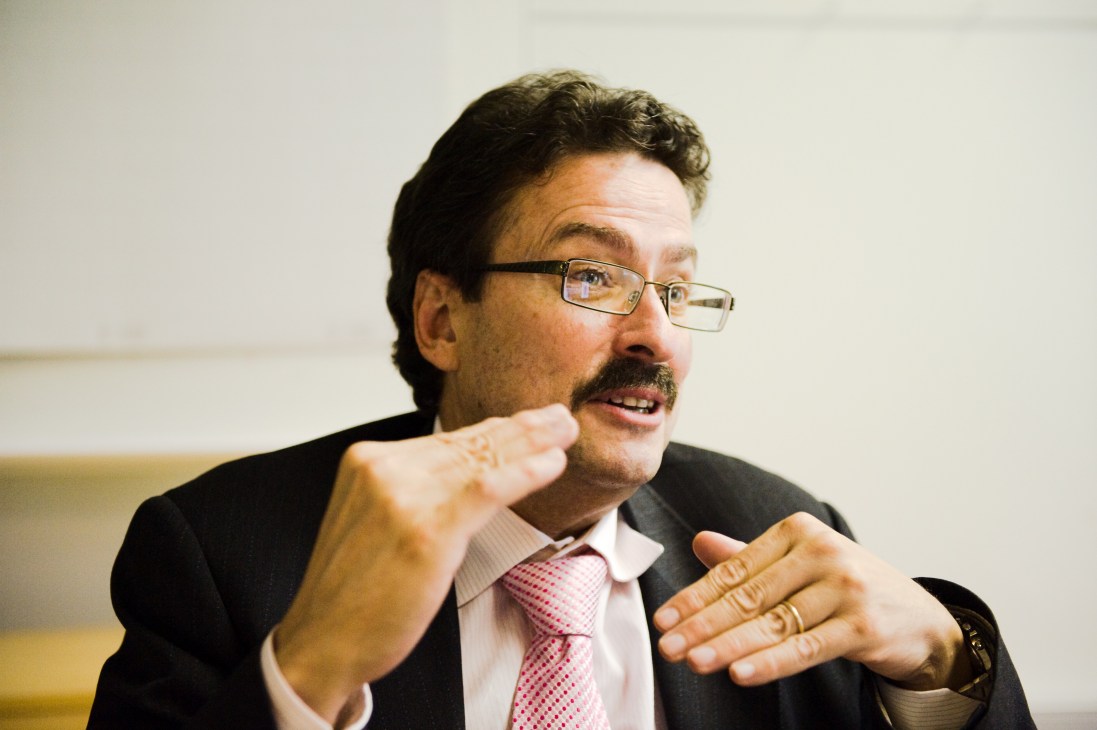 Kone's Johannes de Jong gestures while speaking in an interview.