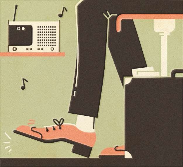 Illustration of a person's legs and feet near a radio and lamp with musical notes in a mid-century modern style.