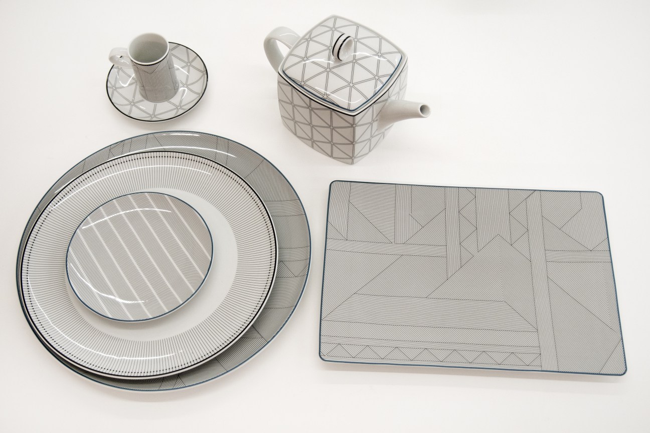 'Orquestra' tableware by David/Nicolas featuring geometric patterned ceramic plates, cup, saucer and teapot.