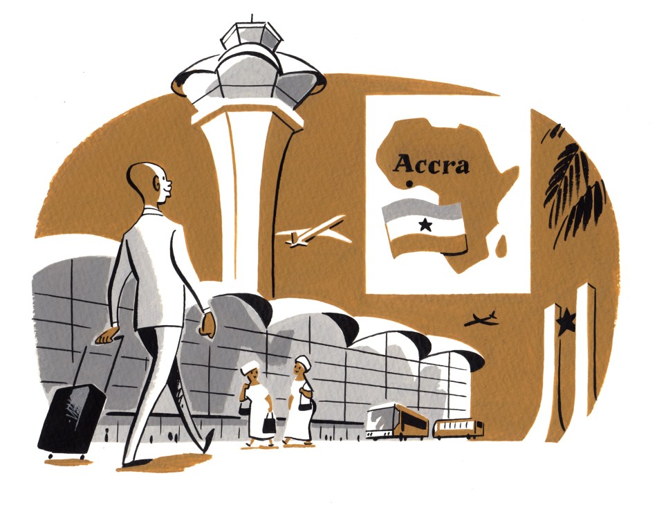 Illustration of an airport hub in Accra, Ghana with control tower, aircraft, workers, and the Ghana flag.
