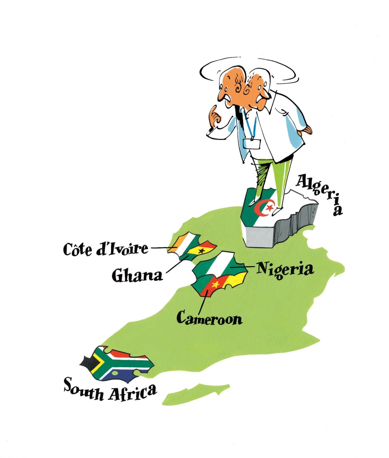 Illustration of a confused man standing on an African map labeled with country names and flags.