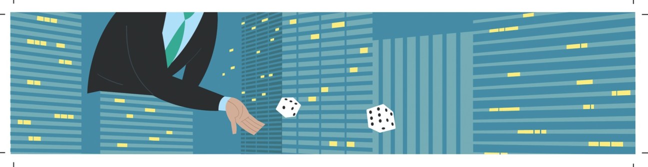 Illustration of a hand dropping dice above a cityscape with lit windows representing a gambling gamble.